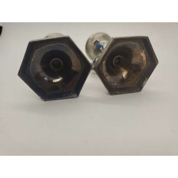 Silver Tone Brass Candlesticks Holders W/ Beads & Flower Charm Appx 3 - Picture 12 of 16